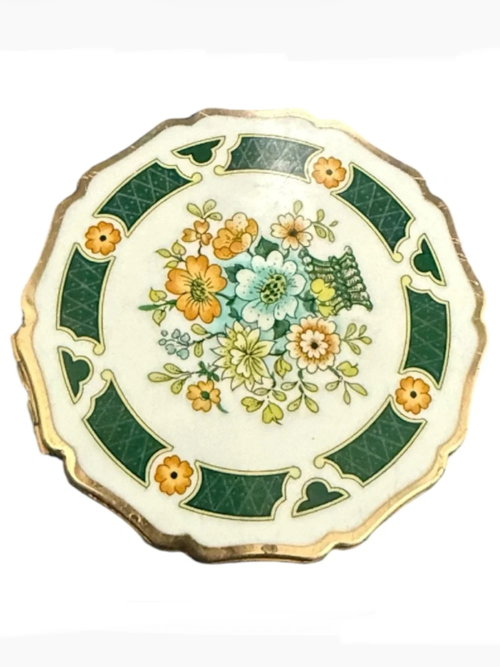 Vintage Stratton Green Floral Bouquet Enamel Powder Compact